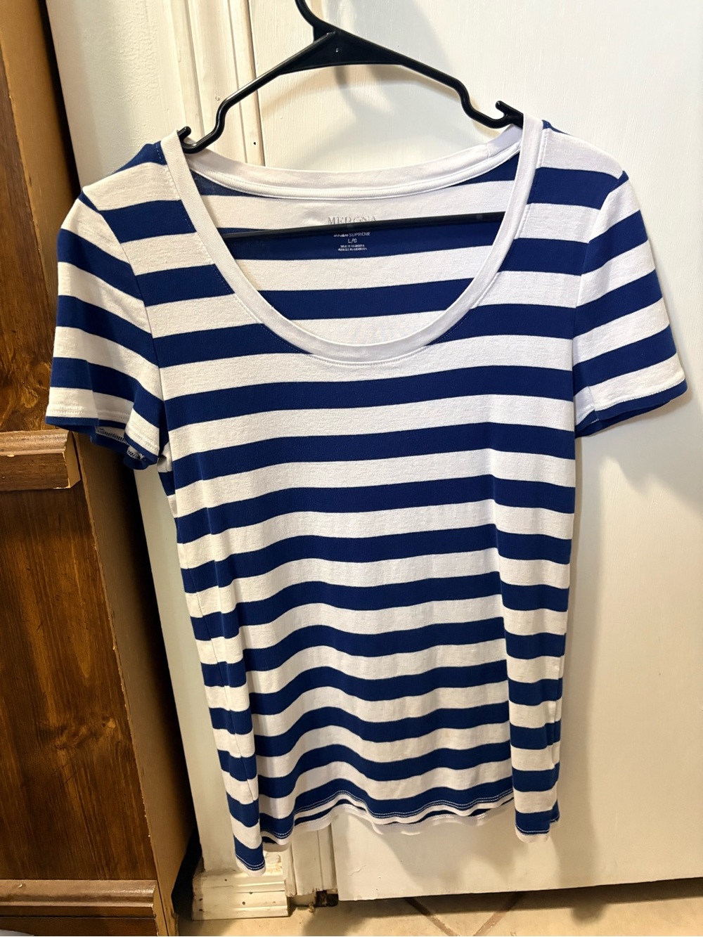 Time and Tru Navy and White Striped Scoop Neck Tee